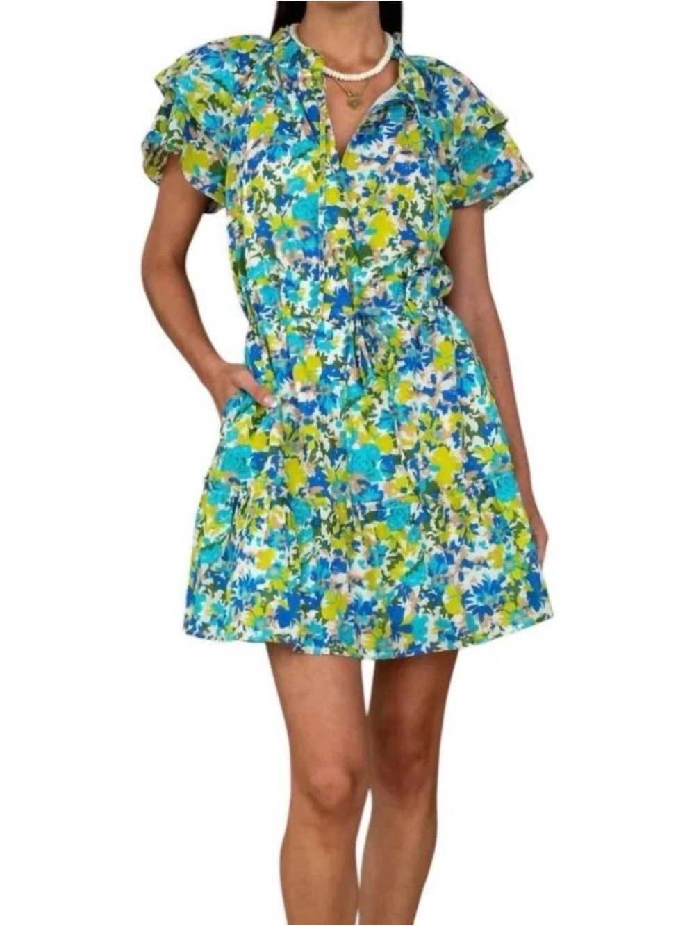 Olivia james the label Tinsley Tie-Waist Mini Dress floral Blue & Green sz small